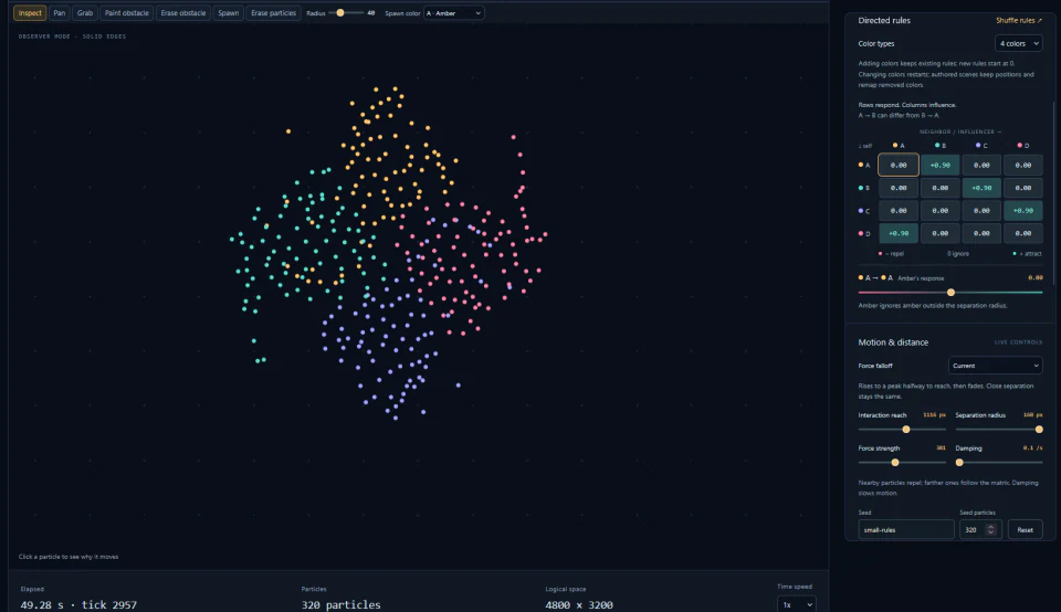 Four particle colors forming a compact arrangement beside an asymmetric interaction matrix and live controls for range, force strength and damping.