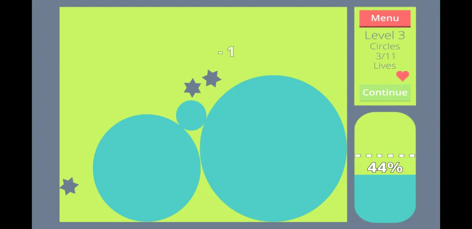 Expand Land puzzle gameplay with turquoise circles filling a yellow-green playfield and moving star-shaped obstacles.