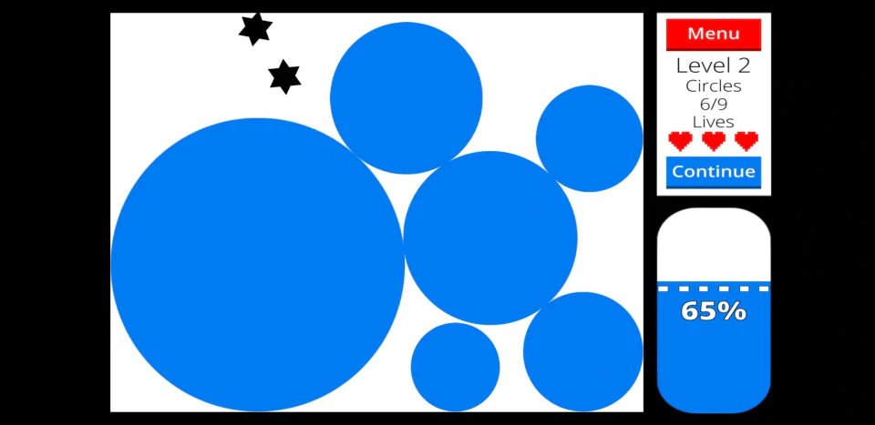 Expand Land level 2 with blue circles covering 65 percent of a white playfield, black star-shaped obstacles and three lives remaining.
