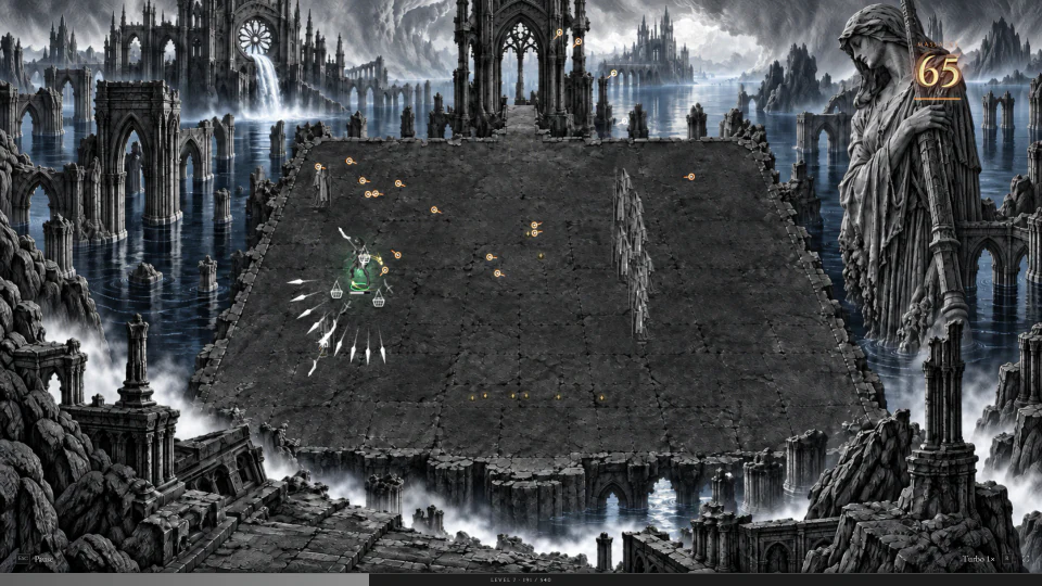 Automatic combat in a stone arena surrounded by flooded gothic ruins and towering statues, with projectiles radiating around the player.