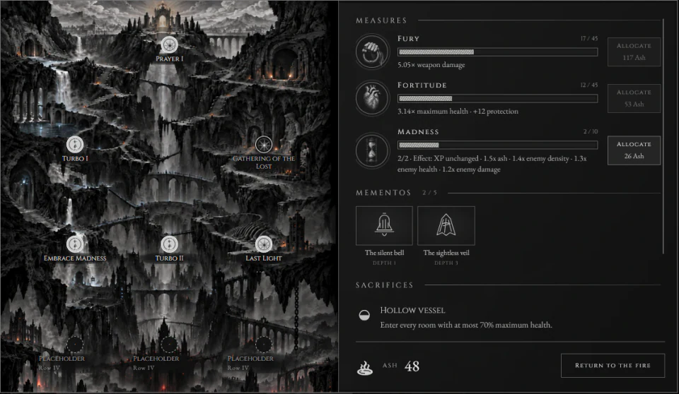 A descending progression tree beside permanent upgrades for Fury, Fortitude and Madness, with Prayers and Turbo unlocks.