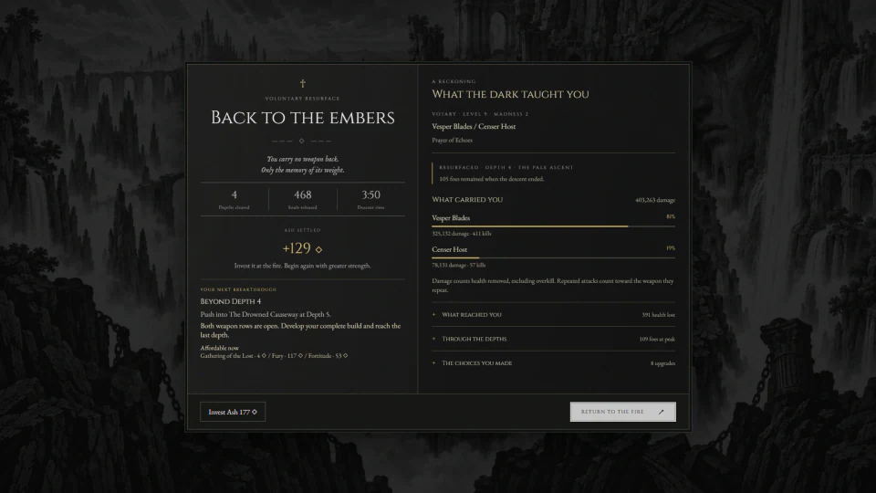 The Back to the Embers run summary showing depths cleared, Ash earned, descent time and damage contributions from two weapons.