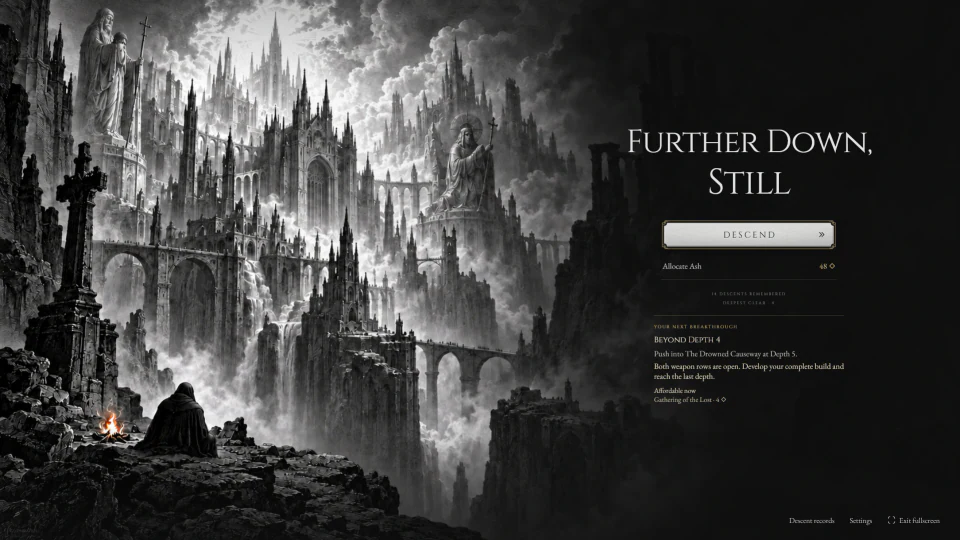 Further Down, Still title screen with a cloaked figure at a campfire overlooking a vast monochrome gothic city, beside the Descend button.