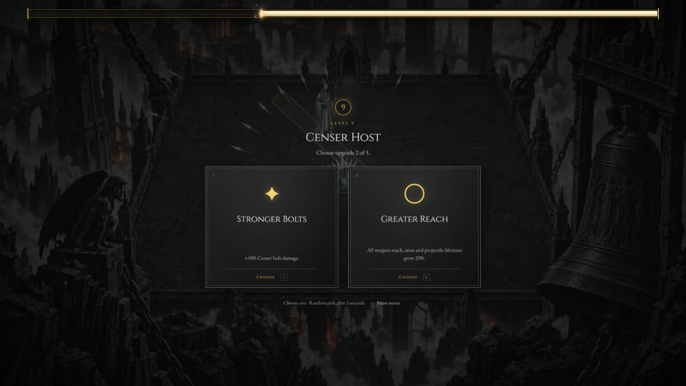 A Censer Host upgrade choice between Stronger Bolts and Greater Reach over a dark arena.