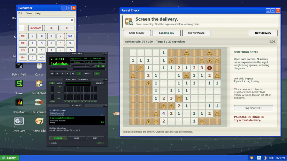 The HomeAmp music player, Calculator and Minesweeper-inspired Parcel Check game open together on the desktop at night.