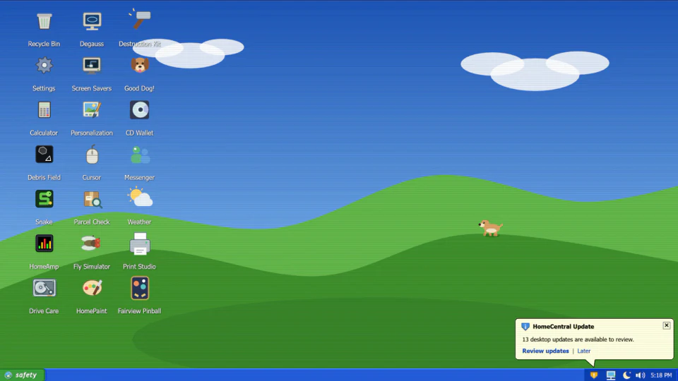 Nostalgia Desktop showing an XP-inspired blue taskbar, rolling green hills, app icons, a desktop dog and a fictional system update notice.