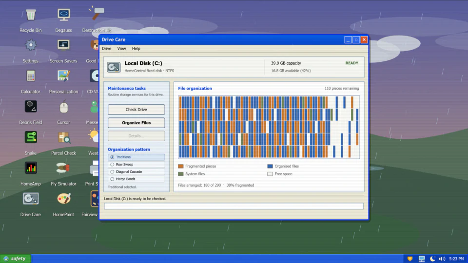The Drive Care app displaying a colorful disk organization grid in an XP-style window, with rain falling across the desktop behind it.