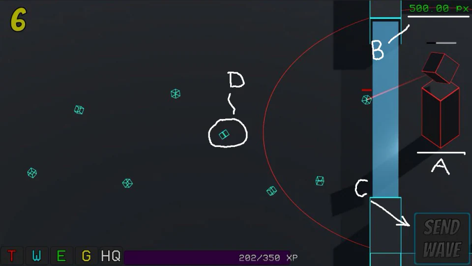 An earlier Pixel Tower Defense interface with handwritten labels explaining the controls.