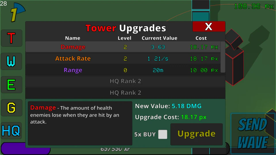 Tower Upgrades panel showing damage, attack rate and range with an upgrade button.
