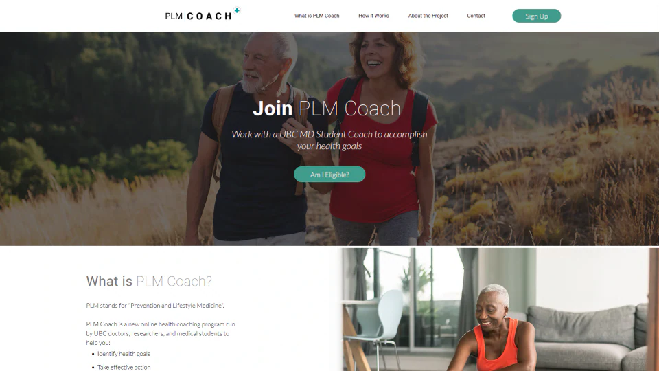 The PLM Coach website home page with information about the health coaching program.