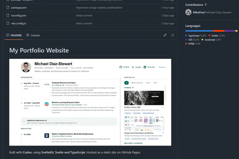 The portfolio website’s GitHub repository, showing its README, homepage preview and language breakdown.