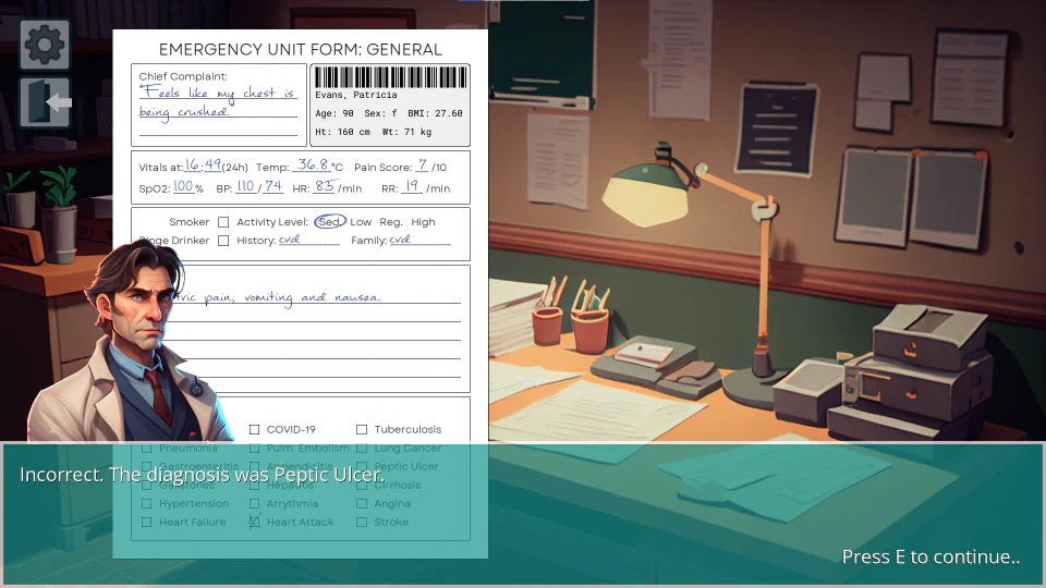 Presentations simulation showing an emergency-unit patient form, diagnostic choices and feedback on an incorrect diagnosis in an illustrated consultation room.