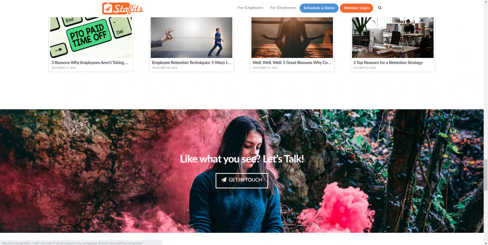 The Stafits website showing employee-wellness articles and a contact banner with a woman surrounded by pink smoke.