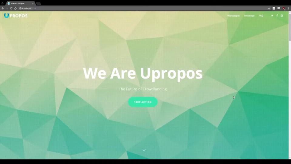 The Upropos prototype website with a green geometric background and the heading We Are Upropos.